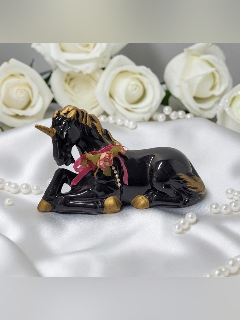 Vintage Trippies Inc. Porcelain Black With Gold Unicorn 22k Gold Gilt Accents.